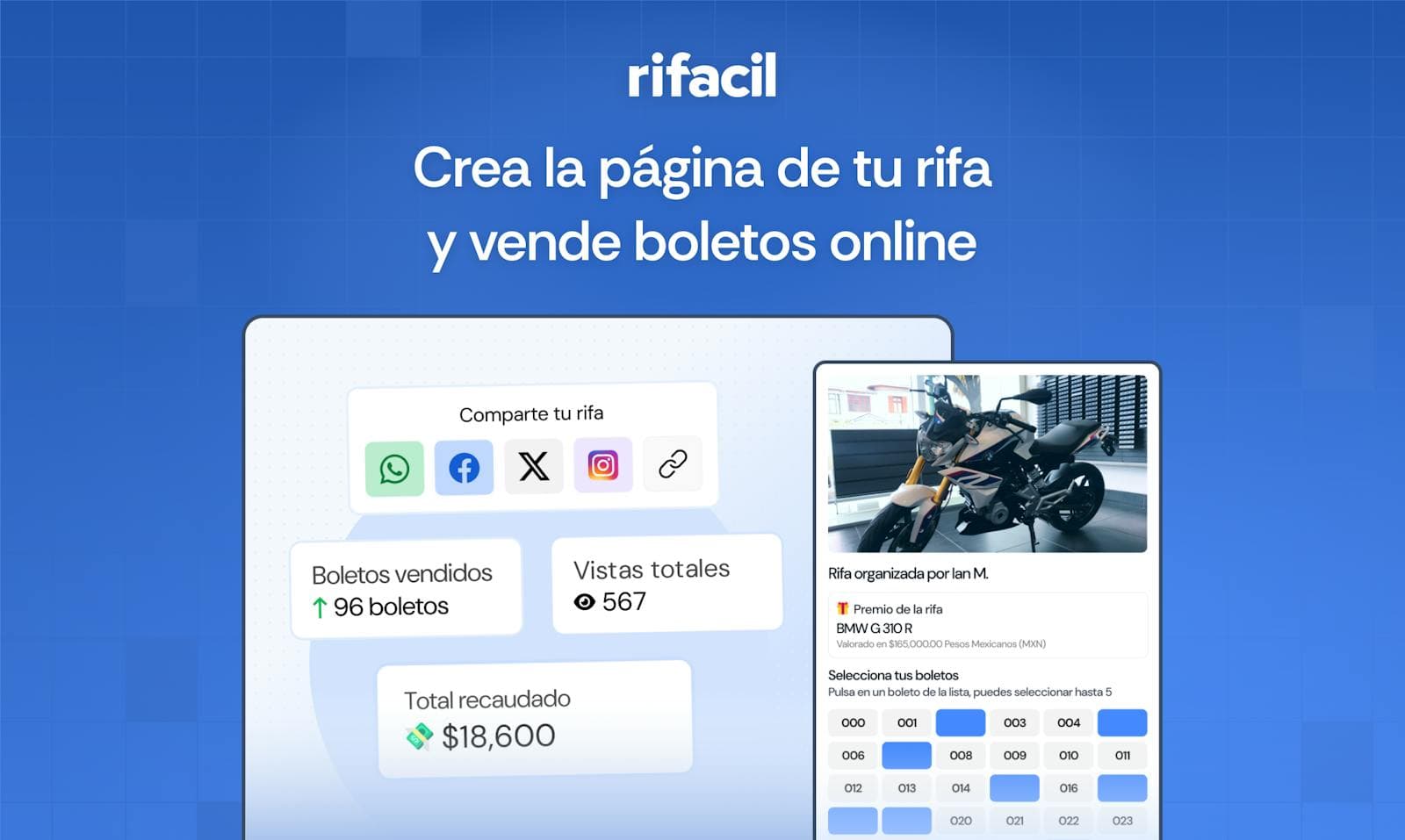 Rifacil raffle page with ticket sales and views