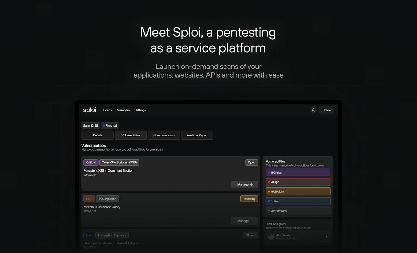 Sploi dashboard showing the vulnerabilities found in a scan